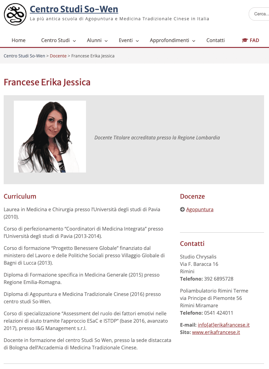 scheda di Erika Francese presso scuola di agopuntura so-wen
